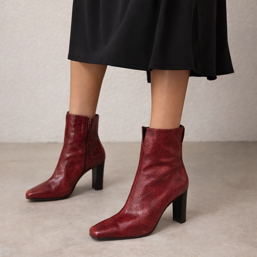 Stuart Weitzman Apollo Red Snakeskin Leather Ankle Boots Square Toe Block Heel 8